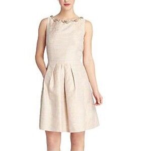 NWT Tahari Dress Sz 6 Shimmery Beige Pearl Accents Formal Elegant Pockets Lined
